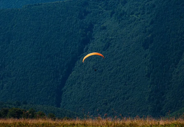 Parapente survole une vallée de montagne par une journée d'été ensoleillée . — Photo