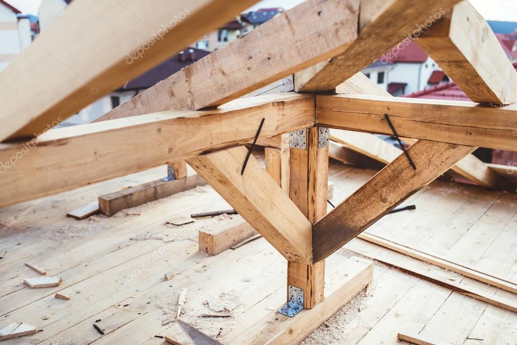 Details of construction site - roof building with timber