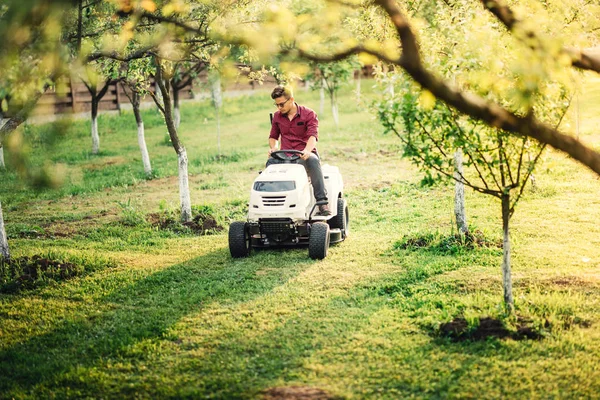 Trabajos de jardinería y paisajismo en el jardín. Cortar y recortar césped, hierba —  Fotos de Stock