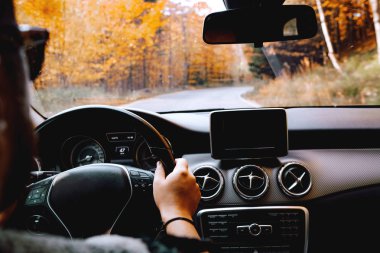 Sürücü direksiyonu tutuyor ve bir dağ yolunda gidiyor, sonbahar manzarası