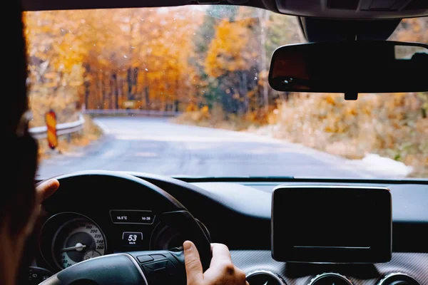 Porträt eines erwachsenen Kaukasiers, der ein modernes Auto auf einer Forststraße fährt — Stockfoto