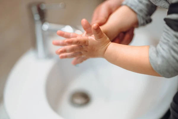 Little Baby Boy Toddler Using Antimicrobial Soap Disinfecting Washing Cleaning — Stock Photo, Image