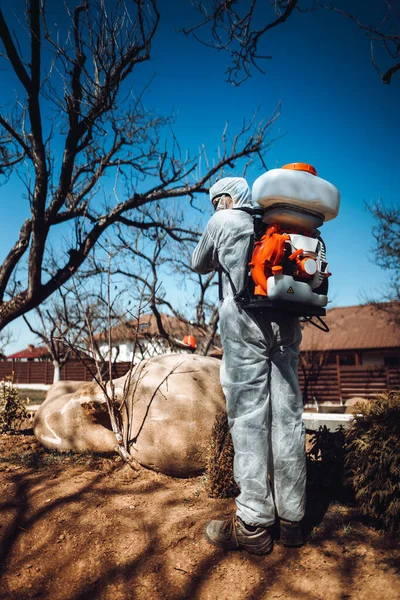 Trabajador Industrial Fumigación Pesticidas Insecticidas Huertos Frutales — Foto de Stock