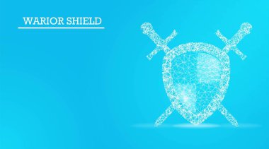 Mavi arka planda kalkan ve kılıçlar izole edildi. Koru ve gizle