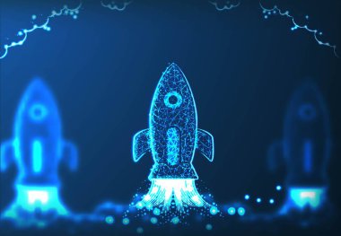 Roket fırlatıldı. İş kurma konsepti, düşük polimerli tasarım. 