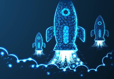 Roket fırlatıldı. İş kurma konsepti, düşük polimerli tasarım. 