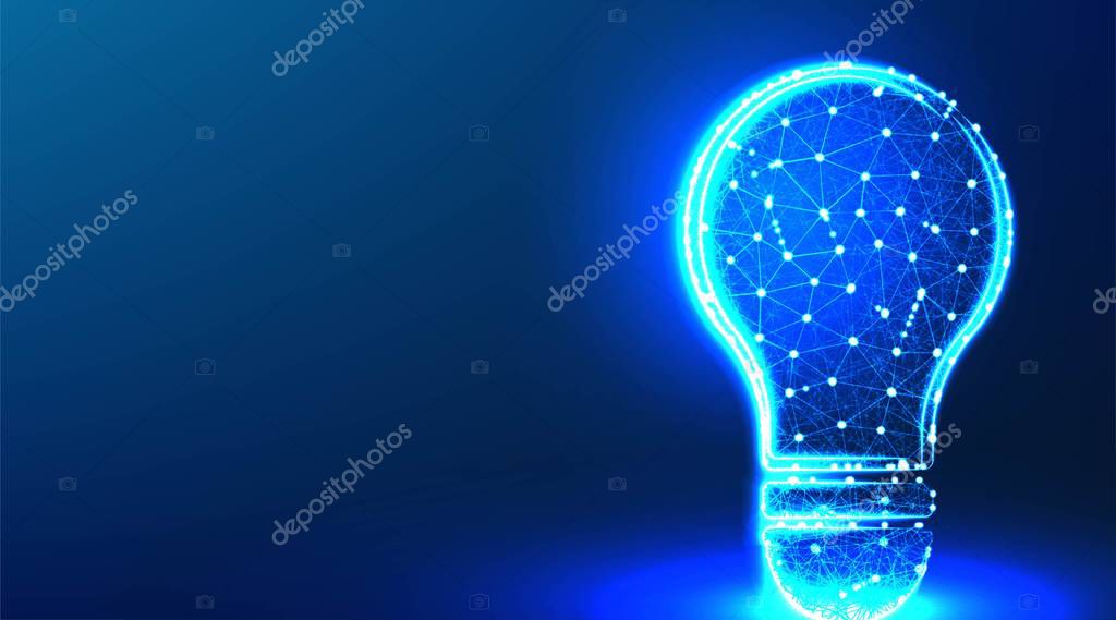 Light bulb, energy saving, lamp glasses. mind and thinking solution. abstract low poly wireframe mesh design. from connecting dot and line. vector illustration on blue background