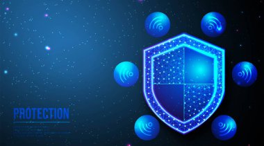 Kalkan ve kablosuz ağ simgesi. Güvenlik konsepti, veri güvenli. Soyut düşük polyester kablo örgüsü ağı tasarımı. Nokta ve çizgiyi birleştirmekten. Koyu mavi arkaplan üzerinde gelecek tasarımı