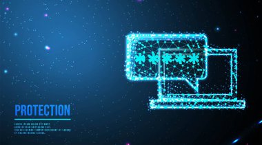 Bilgisayar ve şifre. Güvenlik kavramı. Soyut düşük polyester kablo örgüsü ağı tasarımı. Nokta ve çizgiyi birleştirmekten. Koyu mavi arkaplan üzerinde gelecek tasarımı