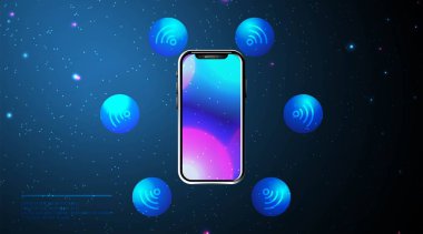 Telefon ve Wifi simgesi. Akıllı telefon bağlantılı ücretsiz kablosuz internet. Soyut düşük polyester kablo örgüsü ağı tasarımı. Nokta ve çizgiyi birleştirmekten. Koyu mavi arkaplan üzerinde gelecek tasarımı