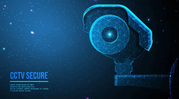 Modern CCTV kamerası, gözetleme ve izleme kavramı. Soyut düşük polyester kablo örgüsü ağı tasarımı. Nokta ve çizgiyi birleştirmekten. Koyu mavi arkaplan üzerinde gelecek tasarımı