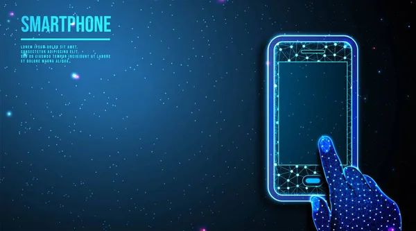 Smartphone touch mano. Il concetto di sicurezza delle dita. design astratto a basso poli wireframe mesh. da punto di connessione e linea. illustrazione vettoriale. sfondo futuristico — Vettoriale Stock