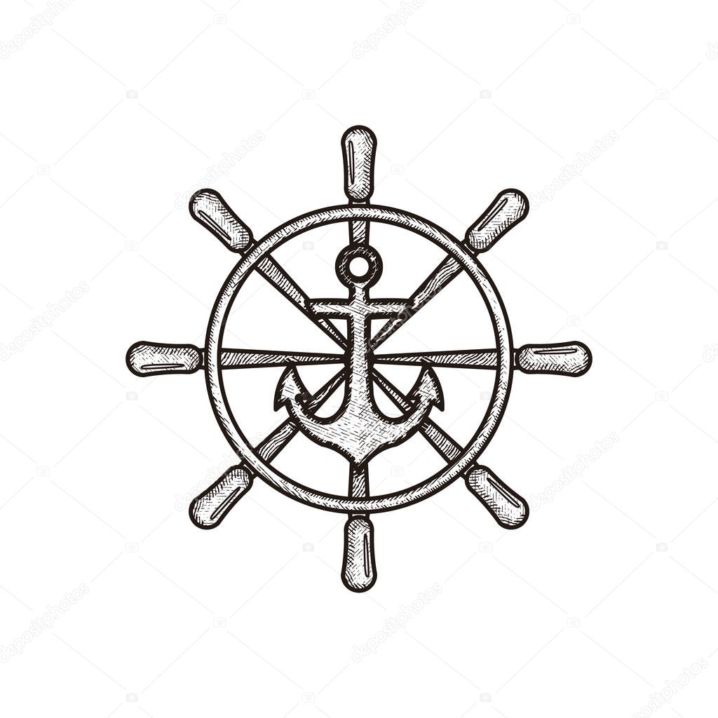 hand drawn wheel steering boat. anchor nautical logo Ideas. Insp