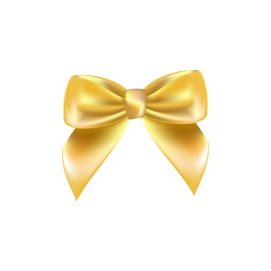 Parlak altın saten kurdele. Tasarım tebriği ve indirim kartı için altın yayı ayırın. beyaz arkaplanda izole