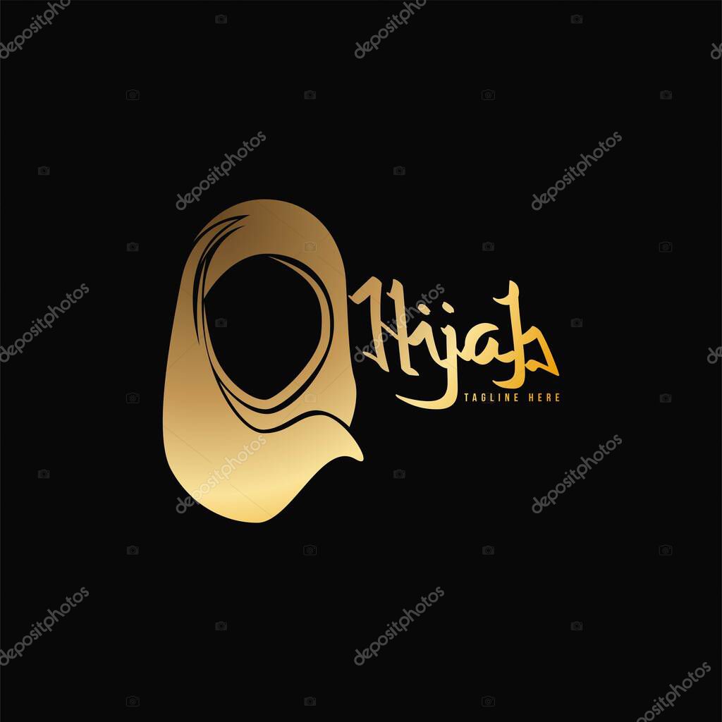Golden Muslim Scarf, luxury hijab logo Ideas. Inspiration logo design. Template Vector Illustration. Isolated On Black Background