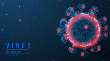 Mavi fütüristik arka planda Coronavirus COVID-2019. Ölümcül virüs türü 2019-nCoV. Koronavirüs bakterisinin 3 boyutlu modelleri. Vektör çizimi. Soyut düşük polyester kablo örgüsü ağı tasarımı. Web afişi için.
