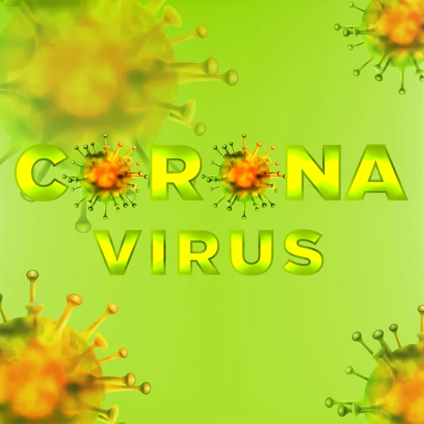 コロナウイルス 2019 Ncov Square バナーリアルなウイルスアイコン ベクトルイラストの言葉 緑の背景で — ストックベクタ
