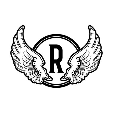 İlk harf R Kanadı yuvarlak rozet logosu tasarımı, beyaz arkaplan üzerinde izole