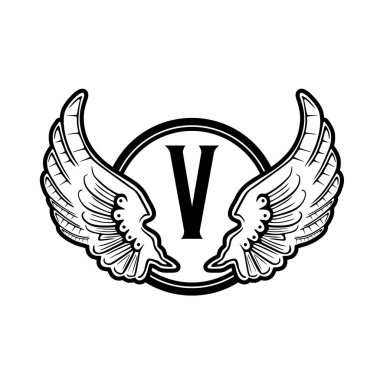 İlk harf V Kanat yuvarlak rozet logosu tasarımı, beyaz arkaplan üzerinde izole