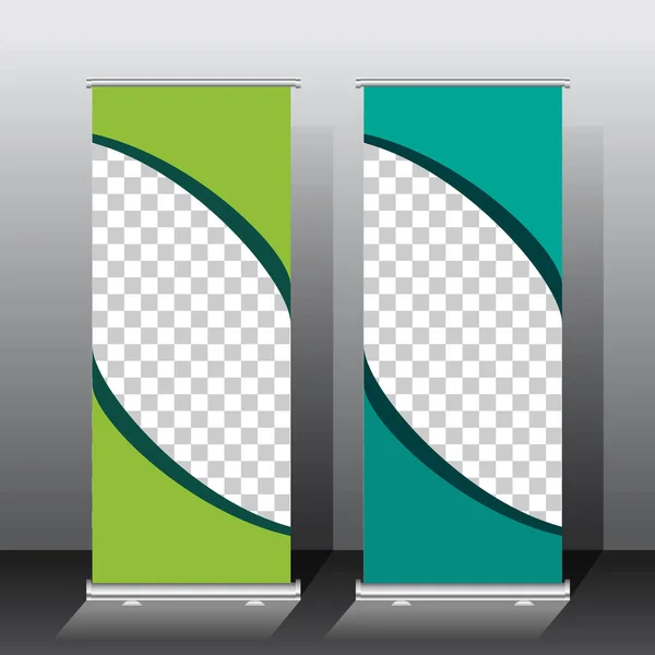 Tekerje Fel Banner Sablon Design Zöld Színösszeállítás Űrképpel Történő Bemutatásra — Stock Vector