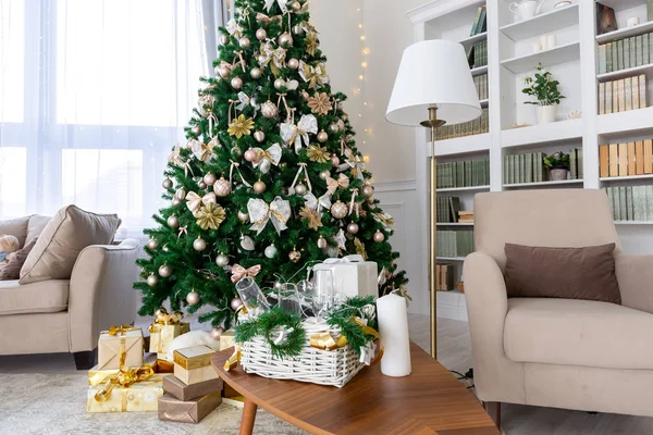 Luxury and expensive apartment interior in light colors. Stylish contemporary minimalistic design. Full of sun light. Decorated with Christmas tree