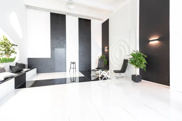 Luxury and trendy modern interior in contrasting black and white colors with fashionable and stylish black furniture