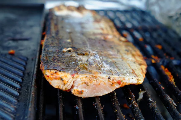 Filete de salmón con especias en la parrilla — Foto de Stock