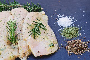 Slices of chicken fillet in sauce and various spices for cooking, salt and herbs