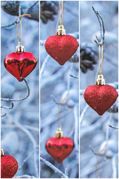Rode Kerst hartvormige ballen op takken — Stockfoto