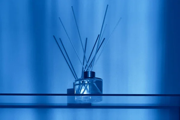 Aromaterapeutická láhev difuzor s tyčinkami. Moderní styl aroma hole láhev v interiéru — Stock fotografie