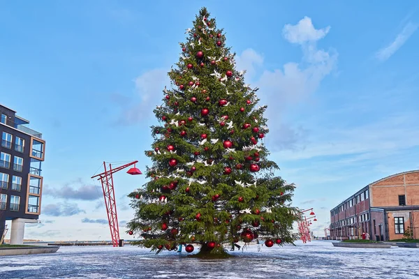 Украшенная елка с большими красными шарами и белыми птицами в районе города — стоковое фото