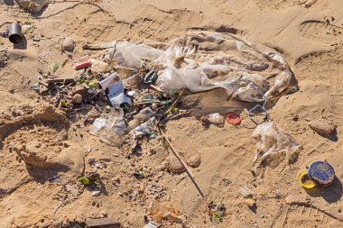 Plajda dalgalarla atılan plastik çöpler.