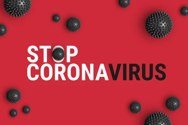 Κείμενο Stop Coronavirus σε κόκκινο φόντο με στέλεχος μοντέλο του coronavirus 2019-ncov — Φωτογραφία Αρχείου
