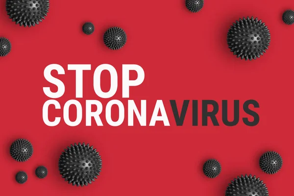 Κείμενο Stop Coronavirus σε κόκκινο φόντο με στέλεχος μοντέλο του coronavirus 2019-ncov — Φωτογραφία Αρχείου