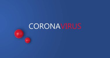 Mavi zemin üzerinde Coronavirus yazısıyla soyut virüs modeli ile pankart
