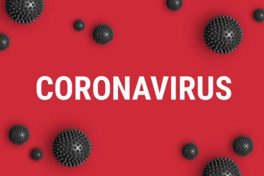 Kırmızı zemin üzerinde Coronavirus 'a Coronavirus 2019-ncov virüsü modelini yaz.