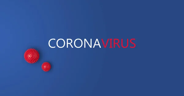 Banner med inskription Coronavirus på blå bakgrund med abstrakt virusstam modell — Stockfoto
