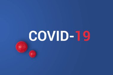 Mavi zemin üzerinde kırmızı top ile Covid-19 yazıları