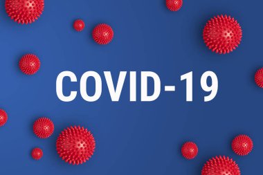 Mavi zemin üzerinde kırmızı renk Coronavirus modeli ile Covid-19 yazılıdır.