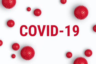 Beyaz zemin üzerinde kırmızı renk Coronavirus modeli ile Covid-19 yazılıdır.