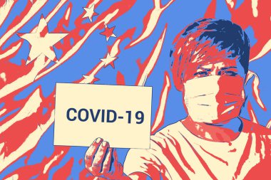 Yüz maskeli kadın Çin bayrağına karşı Covid-19 yazılı kağıtları tutuyor. Dünya Sağlık Örgütü Coronavirus hastalığına Covid-19 adı verilen yeni bir isim verdi.