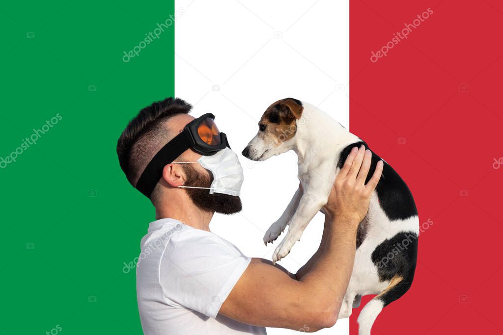 Man in protective mask and glasses with dog wearing face mask and abstract virus strain on Italian flag background. Concept of prevention of coronavirus covid-19 pandemic