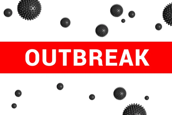 Κόκκινο πρωτοσέλιδο με επιγραφή Outbreak σε λευκό με αφηρημένη Covid-19 στέλεχος του ιού μοντέλο — Φωτογραφία Αρχείου