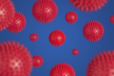 Mavi arka planda Coronavirus Covid-19 'un soyut kırmızı virüs modeli. Virüs Salgını Koruma Konsepti