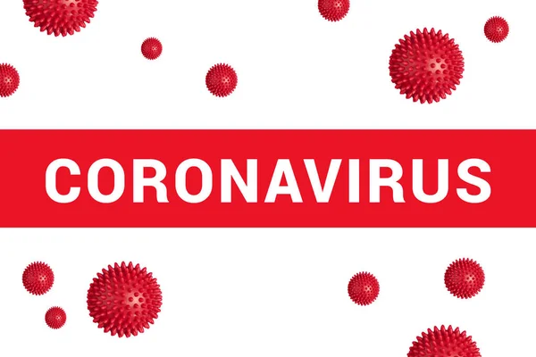 Κόκκινος τίτλος με επιγραφή Coronavirus σε λευκό με αφηρημένο στέλεχος του ιού μοντέλο — Φωτογραφία Αρχείου