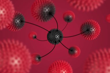 Koronavirüs Covid-19 'un soyut kırmızı virüs türü hücre modeli. Virüs konsepti yayıyor