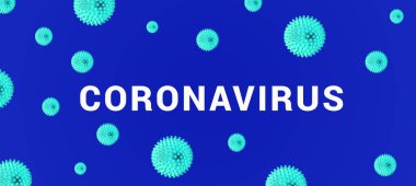 Yazıt CORONAVIRUS mavi arka planda yeşil soyut virüs türü modeli. Dünya çapında Coronavirus Covid-19 yayılımı, bayrak, düz yatış