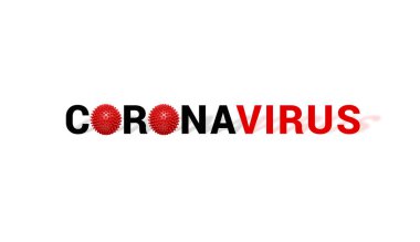 Yazıt CORONAVIRUS soyut kırmızı virüs modeli beyaz üzerine. Kırmızı taşaklı logot harfli pankart