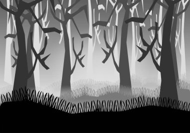 Soyut orman sahne siyah ve beyaz ses tonuyla.