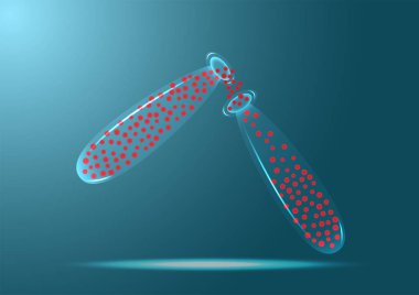 Kırmızı kan hücre üzerinde koyu mavi backgrou şeffaf cam şişede